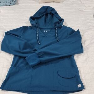 Caribbean Blue Hooded Buttersoft Scrub Pullover with 3  Pockets Size S